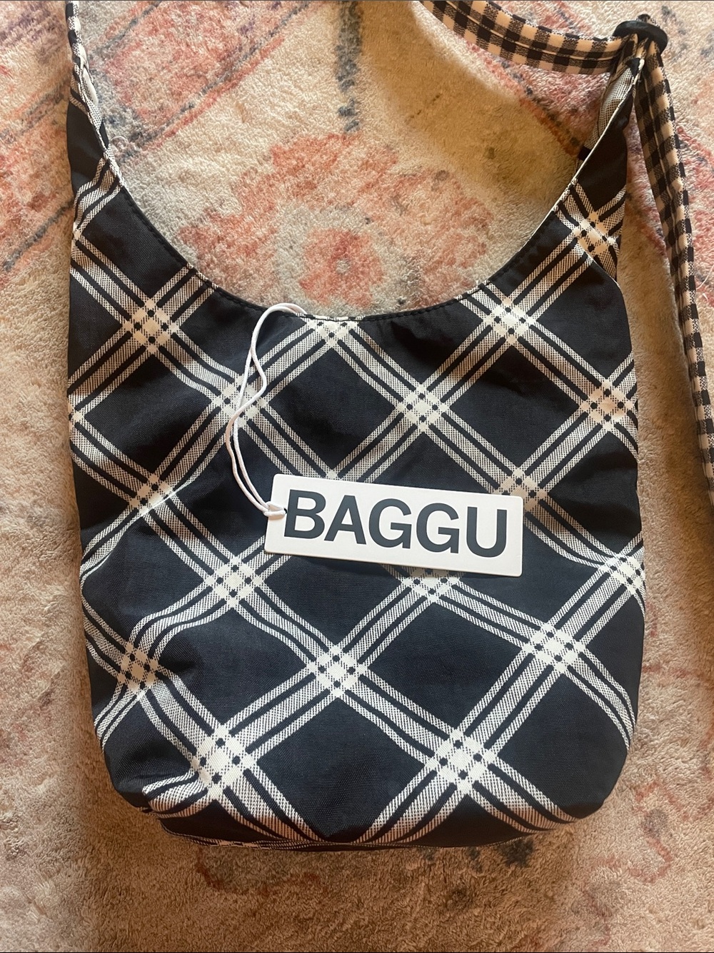 BAGGU Small Nylon Sling Mixed Plaid Shoulder Bag Black and White